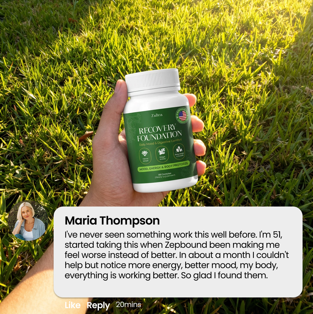 Recovery Foundation supplement bottle with ginger and saffron, user testimonial overlaid.