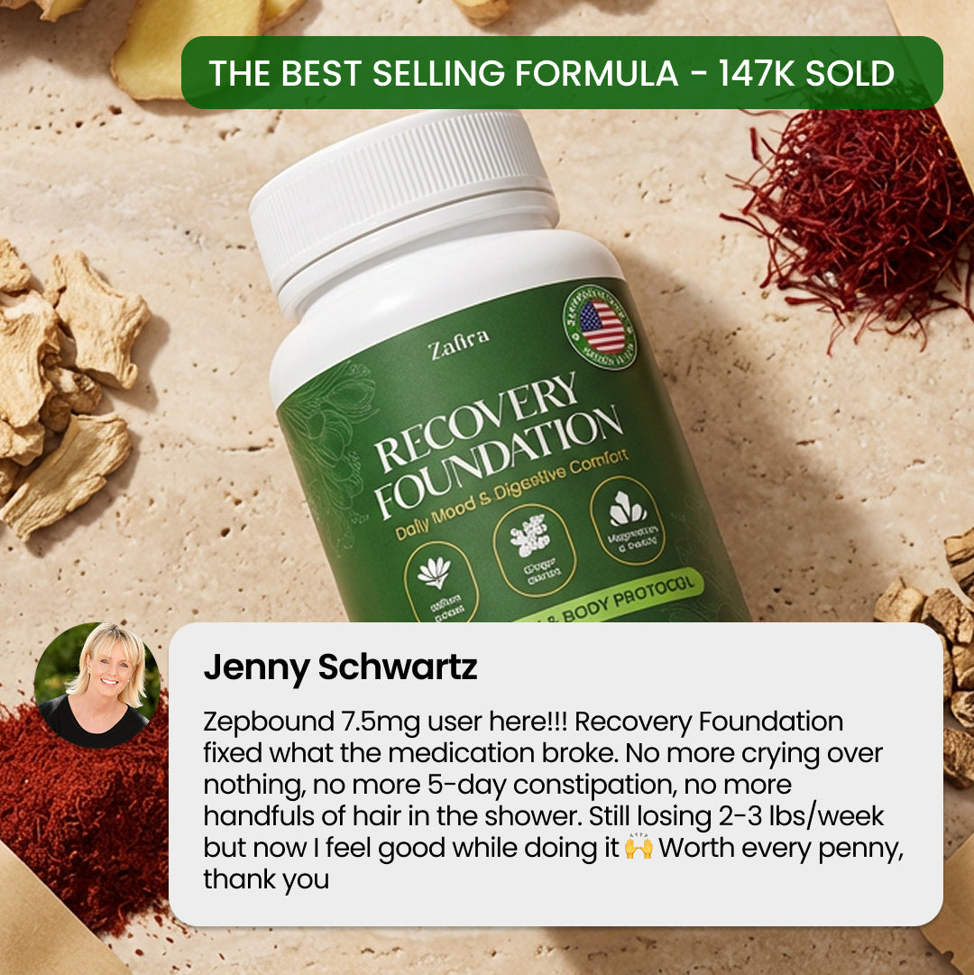 Recovery Foundation supplement bottle with ginger and saffron, user testimonial overlaid.