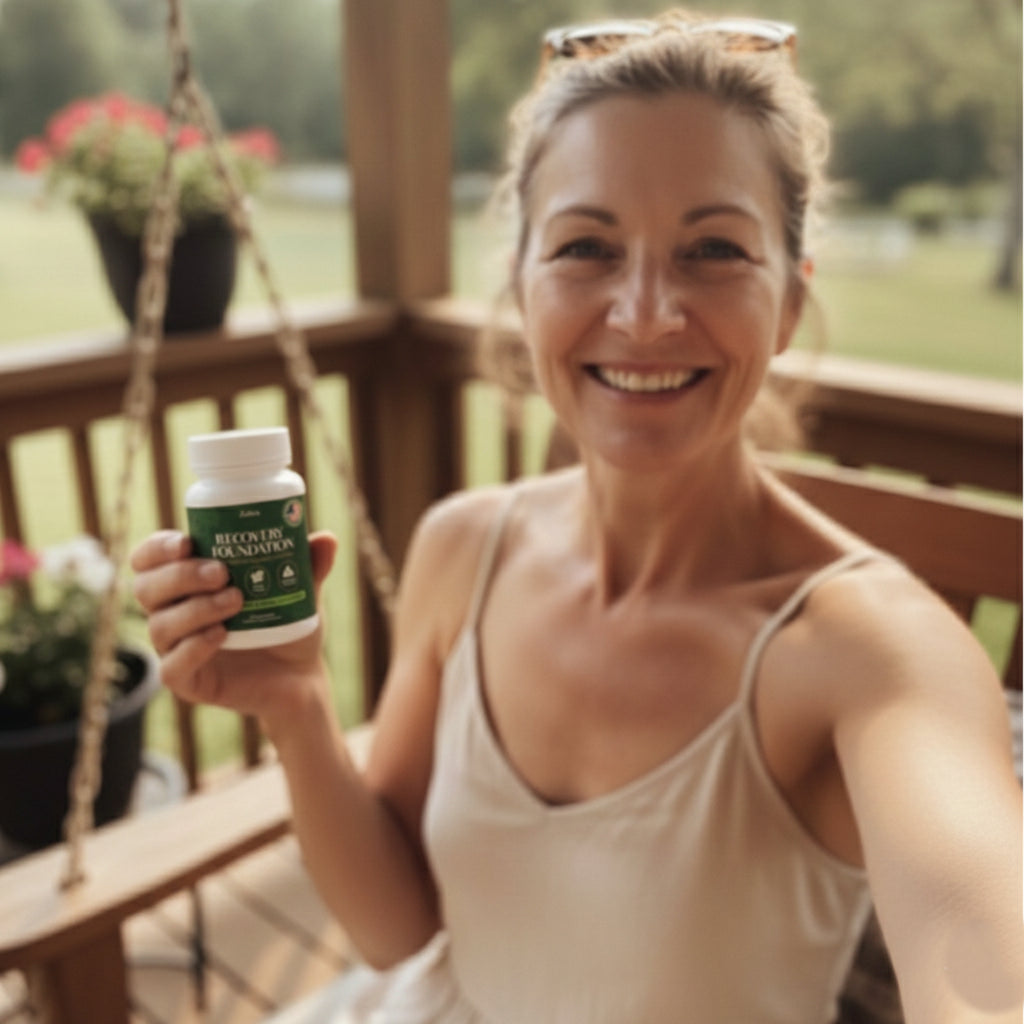 Person smiling outdoors holding a bottle labeled 'Recovery Foundation.'