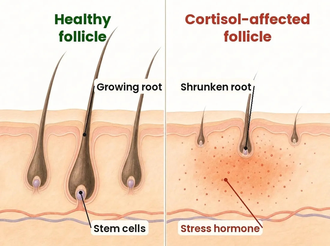 Healthy hair follicles next to ones affected by high cortisol