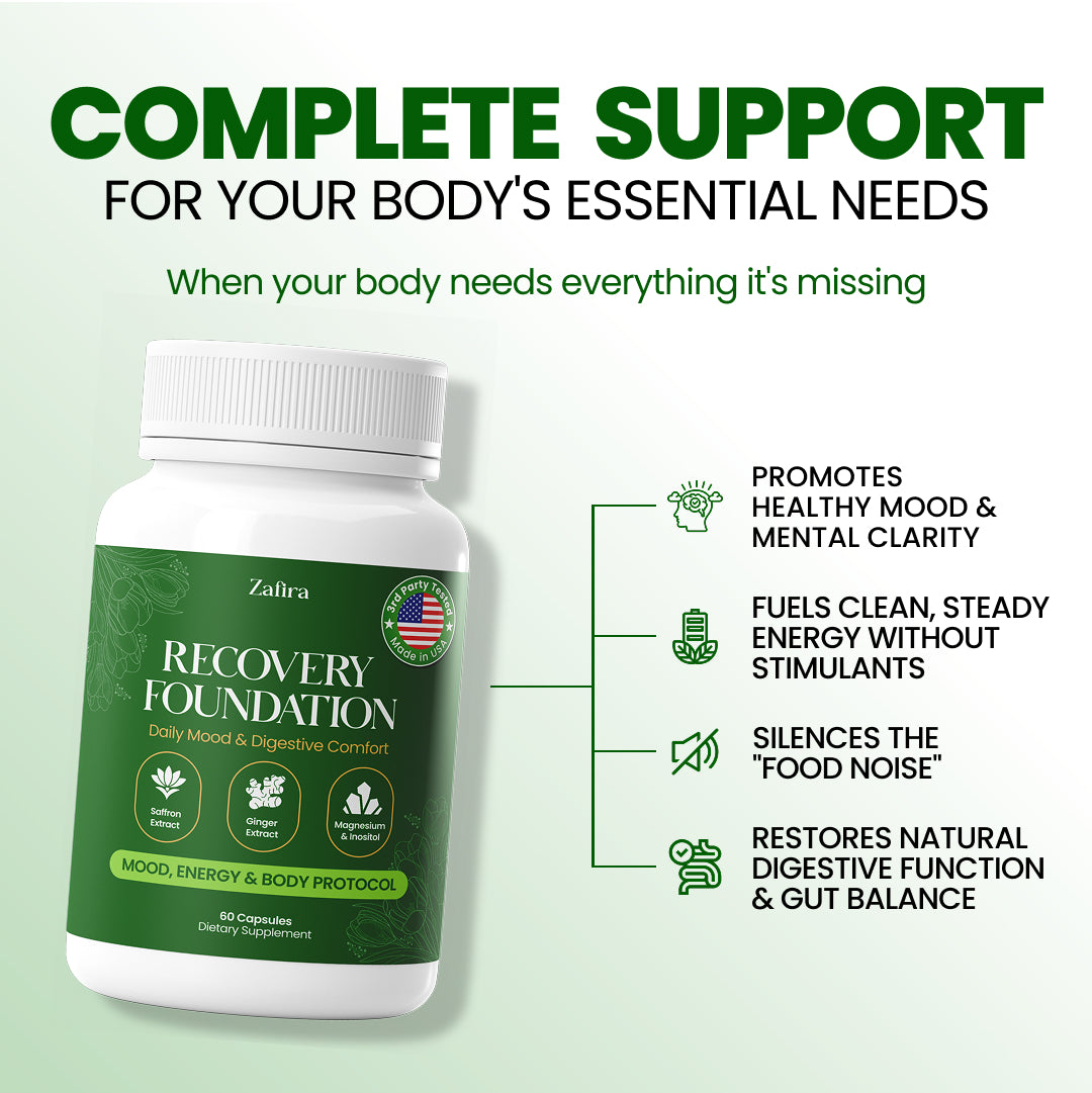 Recovery Foundation supplement bottle with ginger and saffron, user testimonial overlaid.