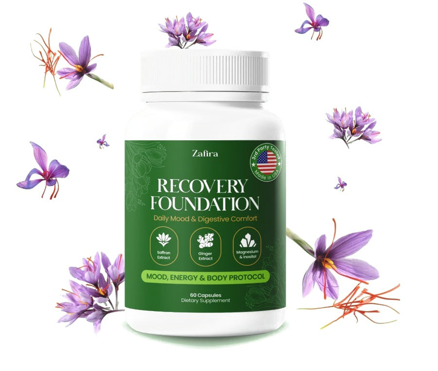 Zafira Recovery Foundation bottle surrounded by saffron flowers