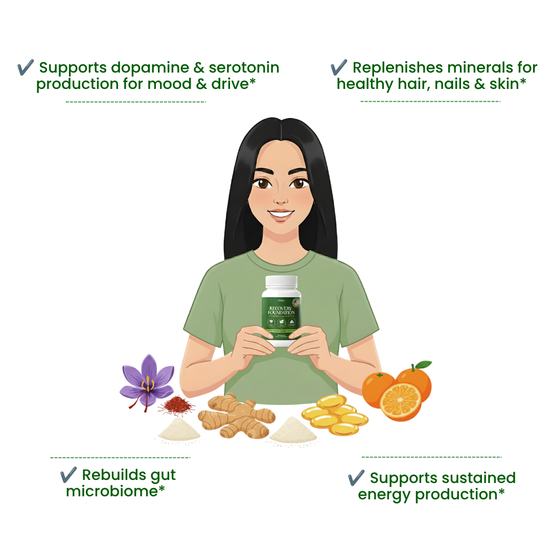 An illustration of a woman holding a supplement bottle surrounded by ingredients and text listing its health benefits.