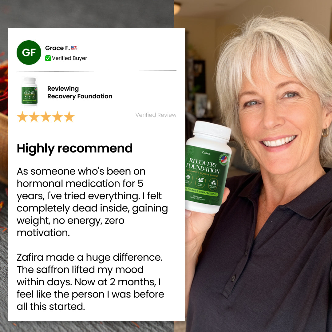 Recovery Foundation supplement bottle with ginger and saffron, user testimonial overlaid.