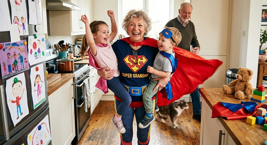 Energetic grandmother playing superheroes with her grandkids, full of energy