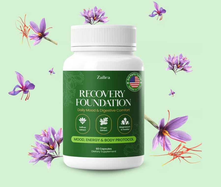 Zafira Recovery Foundation bottle surrounded by saffron flowers