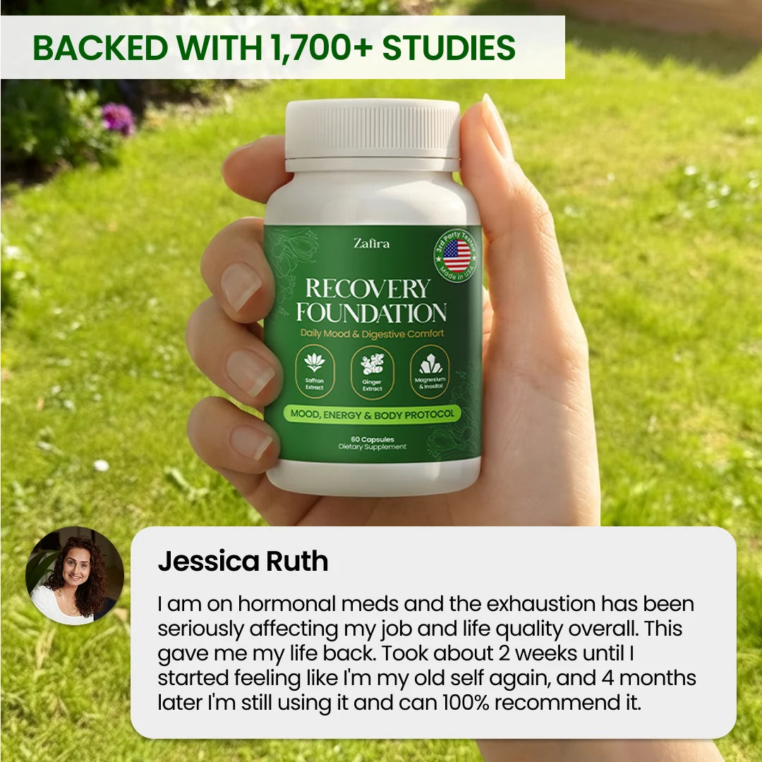 Jessica Ruth holding Zafira Recovery Foundation bottle, backed with 1,700+ studies