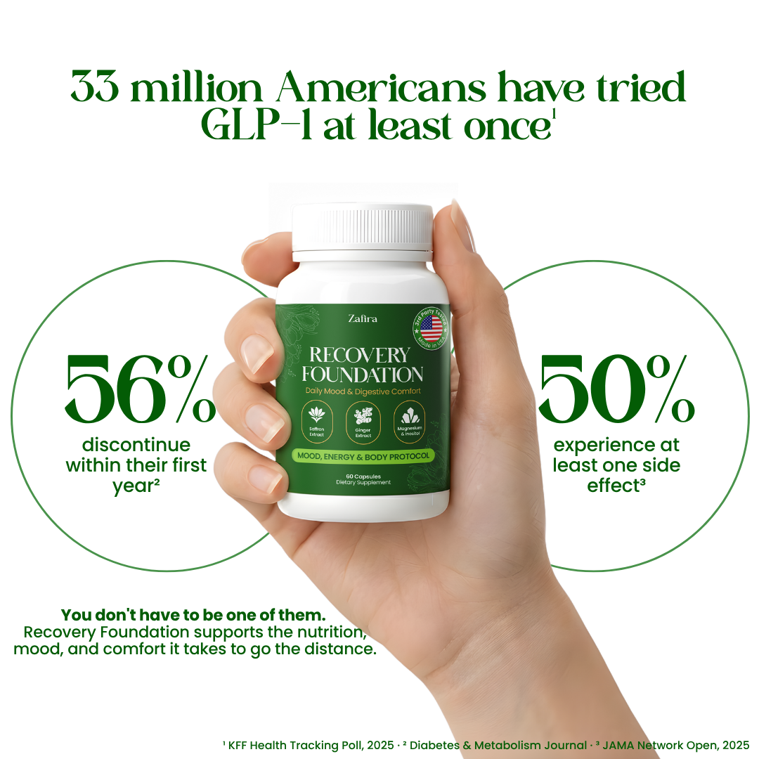A hand holding a bottle of Zafira Recovery Foundation supplements in front of an infographic with statistics.