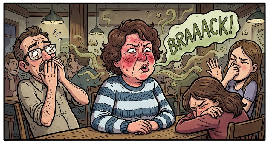 Cartoon illustration of an embarrassing burp at a restaurant table, with family reacting to the smell