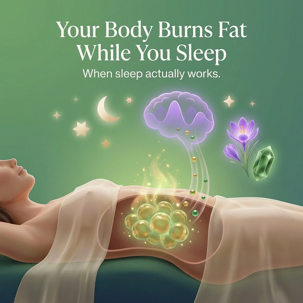 Illustration of the body burning fat during sleep, showing the brain and metabolism connection