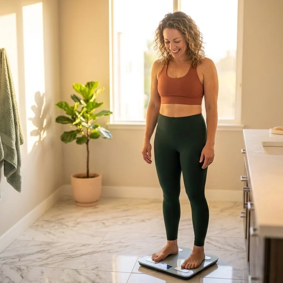 Smiling woman stepping onto a scale after breaking through a weight-loss plateau