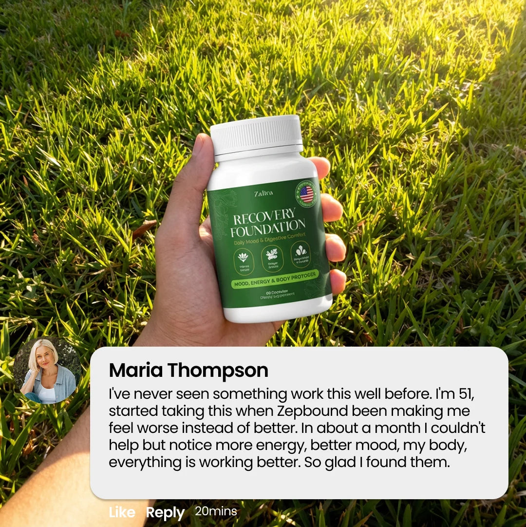Maria Thompson holding Zafira Recovery Foundation bottle outdoors